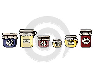 Jars flat icons with jams and honey. Preserves in a row