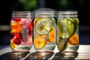 Jars of fruit-infused water. Slices of fresh fruits float elegantly.