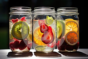 Jars of fruit-infused water. Slices of fresh fruits float elegantly.
