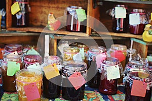 Jars of fruit jam and marmalade