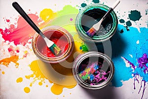 Jars with gouache paints and brushes on colorful paint splashes background AI Generated