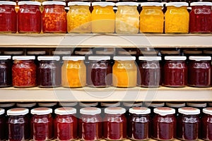 jars of homemade jam aligned on a stall shelf