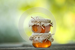 Jars of honey in eco-style.