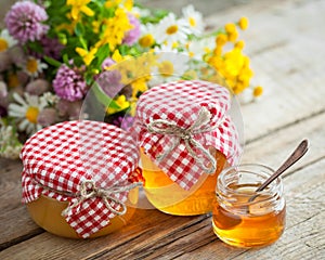 Jars of honey and healing herbs. Herbal medicine and nutraceuticals.