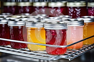 jars of jelly inside of a cooling canner rack