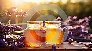 Jars of organic flower honey on a wooden table, with lavender, sunset in the background. Generative AI
