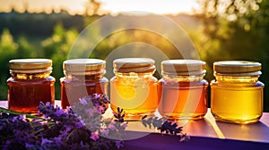 Jars of organic flower honey on a wooden table, with lavender, sunset in the background. Generative AI