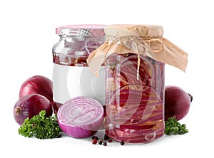 Jars of pickled onions isolated