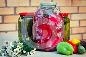 Jars of pickled vegetables