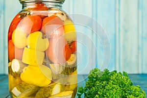 Jars of pickled vegetables. Marinated food.