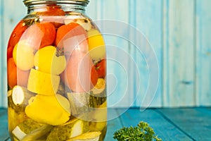 Jars of pickled vegetables. Marinated food.