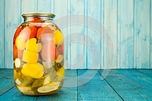 jars of pickled vegetables. Marinated food. Diet, vegetarianism, healthy food