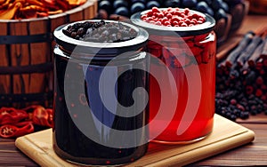Jars of preserved berries showcase the traditional method of conserving the sweetness of summer. photo