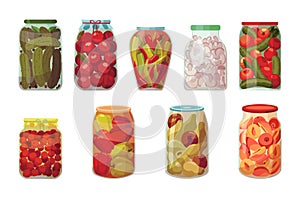 Jars preserved vegetables. Cans of pickled tomatoes, cucumbers and peppers. Cartoon canned food in glass jars with berry