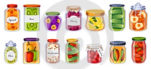 Jars preserved vegetables. Pickled fruits, berries and mushrooms, organic fermented food in glass containers, homemade