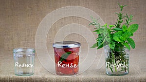 Jars with reduce, reuse, recycle text illustrating 3 Rs waste concept for sustainable living