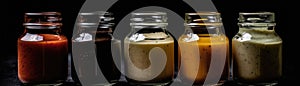 Jars Of Salad Dressingon Black Background Wde Panoramic. Generative AI