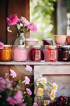 Jars with various jams and flowers on a wooden shelf 1