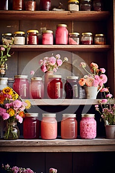 Jars with various jams and flowers on a wooden shelf 4