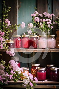 Jars with various jams and flowers on a wooden shelf 6