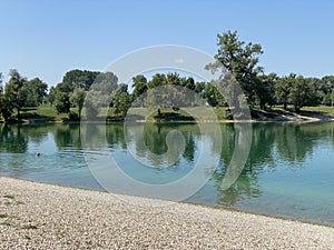 Jarun beach or bathing place small Jarun lake and the Island of rowers during summer, Zagreb - Croatia / PlaÃÂ¾a Jarun photo