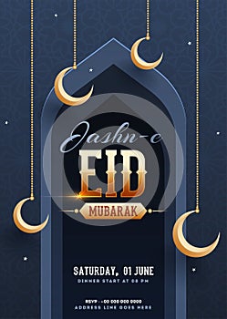 Jashn-E-Eid Mubarak template or flyer design decorated with hanging golden crescent moon on islamic seamless pattern background