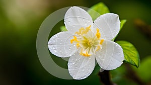 Jasmine flower with dew drops on blurred green background