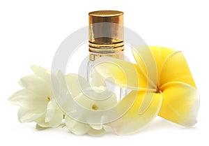 Jasmine flower and frangipani with perfume bottle