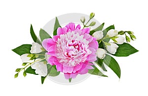 Jasmine (Philadelphus) and pink peony flowers and leaves in a floral arrangement isolated