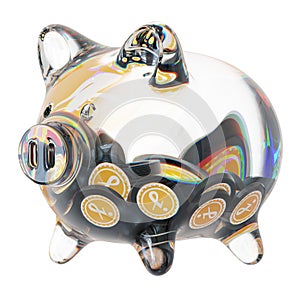 JasmyCoin (JASMY) Clear Glass piggy bank with decreasing piles of crypto coins.