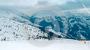 Jasna resort, LIPTOV, SLOVAKIA - February, 2019: Blue sky with snow clouds and new modern lift Funitel in Jasna, Liptov region,