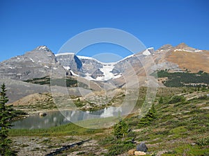 Jasper National Park Hanging Glacier and Ground Moraine at Columbia Icefield in the Rocky Mountains, Icefields Parkway, Alberta