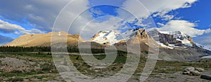 Jasper National Park Landscape Panorama of Athabasca Glacier along Icefields Parkway in Evening Light, Alberta, Canada