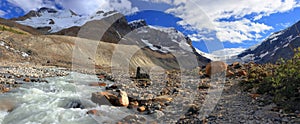 Jasper National Park Landscape Panorama of Athabasca Glacier and Meltwater Stream in Evening Light, Alberta, Canada