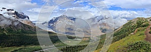 Jasper National Park Landscape Panorama of Rocky Mountains with Athabasca Glacier from Wilcox Pass, Icefields Parkway, Alberta
