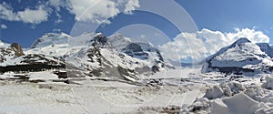 Jasper National Park Panorama of Athabasca Glacier from Icefields Parkway, Canadian Rocky Mountains, Alberta, Canada