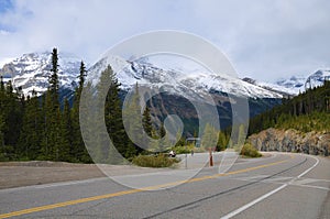 Road to Jasper town in jasper national park. Canadian Rockies in Alberta Canada