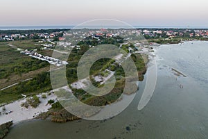 Jastarnia city in Poland. Aerial drone photo view of Baltic Sea coast in Hel peninsula, Jastarnia. Puck Bay in Poland