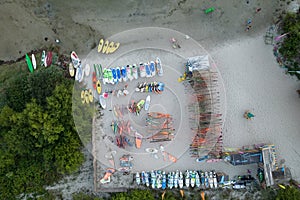 Jastarnia city in Poland. Aerial drone photo view of Baltic Sea coast in Hel peninsula, Jastarnia. Puck Bay in Poland