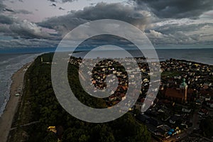 Jastarnia city in Poland. Aerial drone photo view of Baltic Sea coast in Hel peninsula, Jastarnia. Puck Bay in Poland. Cloudy