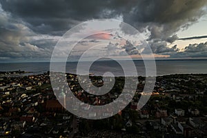 Jastarnia city in Poland. Aerial drone photo view of Baltic Sea coast in Hel peninsula, Jastarnia. Puck Bay in Poland. Cloudy