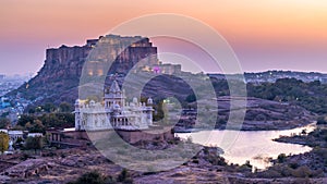 The Jaswant Thada and Mehrangarh Fort in background at sunset, The Jaswant Thada is a cenotaph located in Jodhpur, It was used for photo