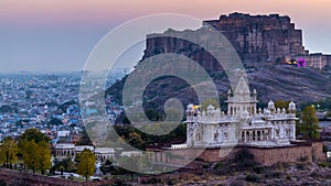 The Jaswant Thada and Mehrangarh Fort in background at sunset, The Jaswant Thada is a cenotaph located in Jodhpur, It was used for