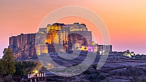 The Jaswant Thada and Mehrangarh Fort in background at sunset, The Jaswant Thada is a cenotaph located in Jodhpur, It was used for