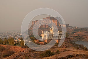 Jaswant Thada Memorial and the Mehrangarh Fort in the background at Jodphur desert rock park Jodhpur