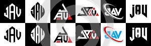 JAV letter logo design in six style. JAV polygon, circle, triangle, hexagon, flat and simple style with black and white color
