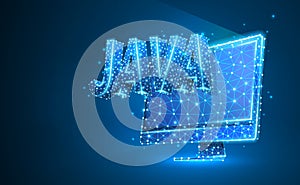 JAVA coding language on monitor screen. Device, programming, developing concept. Abstract, digital, wireframe, low poly