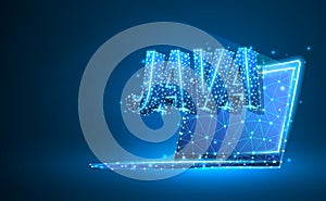JAVA coding language on notebook screen. Device, programming, developing concept. Abstract, digital, wireframe, low poly mesh,