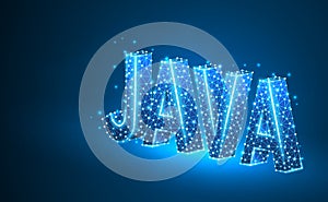 JAVA coding language text. Device, programming, developing concept. Abstract, digital, wireframe, low poly mesh, vector blue neon