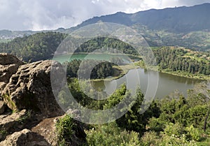 Java, Indonesia. Telaga Warna-color volcanic lakes on the plateau Diyeng